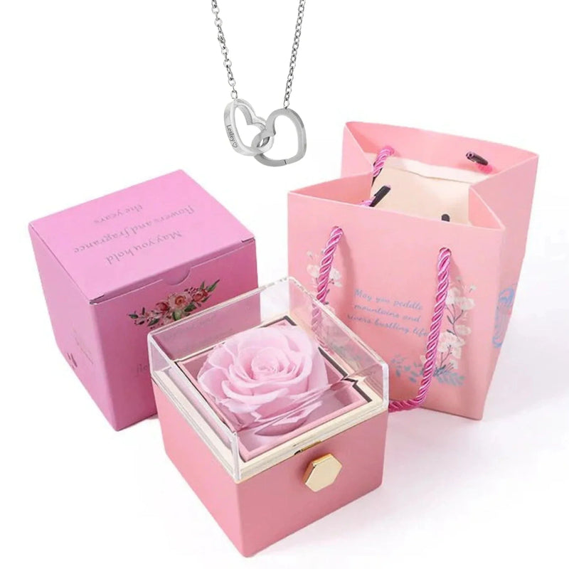 Caixa Rotativa Rosa Eterna - Com Colar de Coração Personalizado