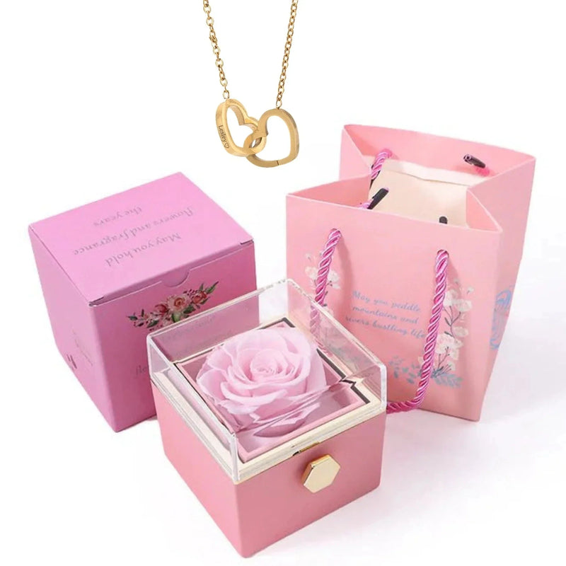 Caixa Rotativa Rosa Eterna - Com Colar de Coração Personalizado
